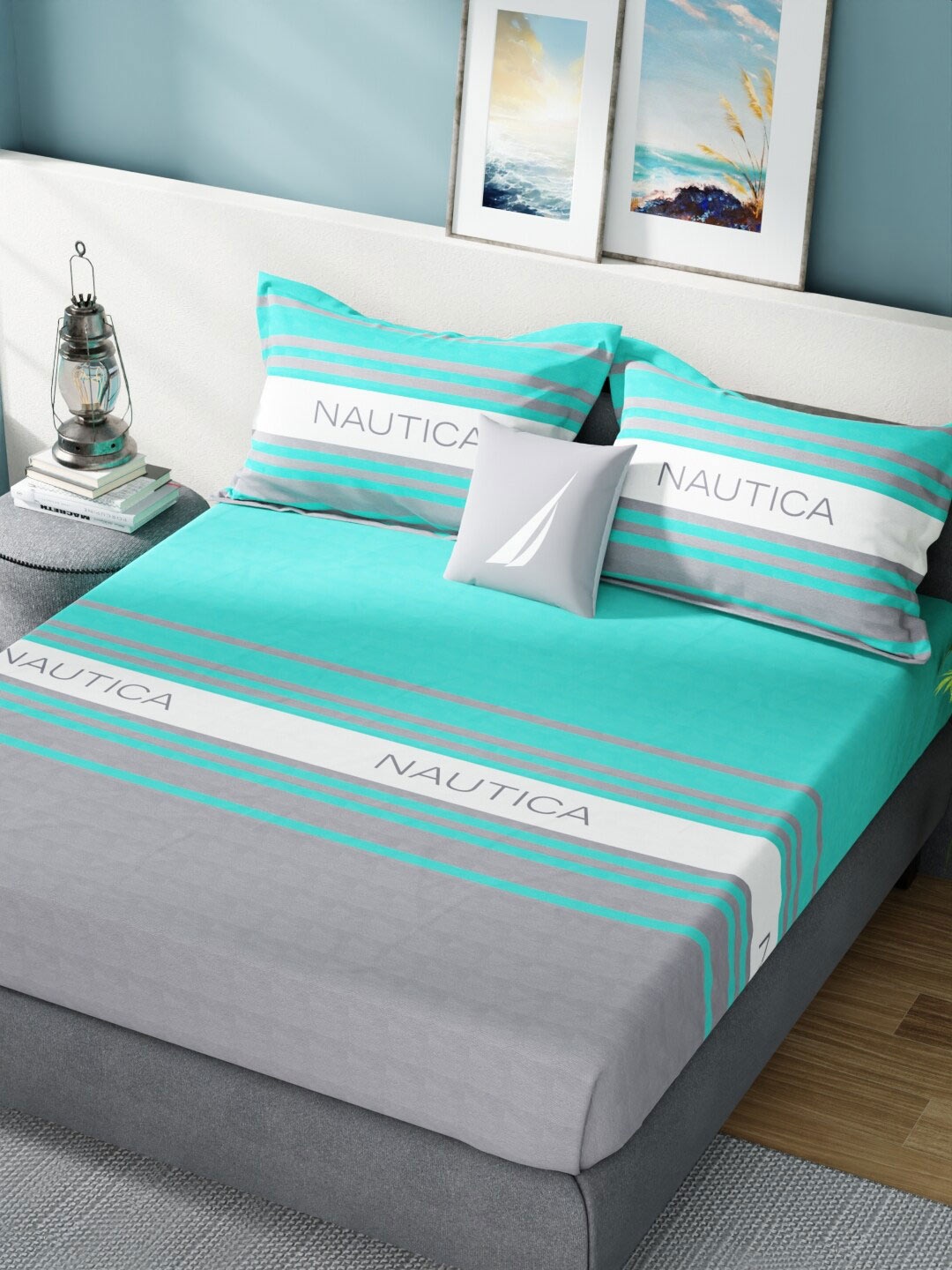 

Nautica Bradford Grey & Blue Striped 160 TC Pure Cotton King Bedsheet & 2 Pillow Covers
