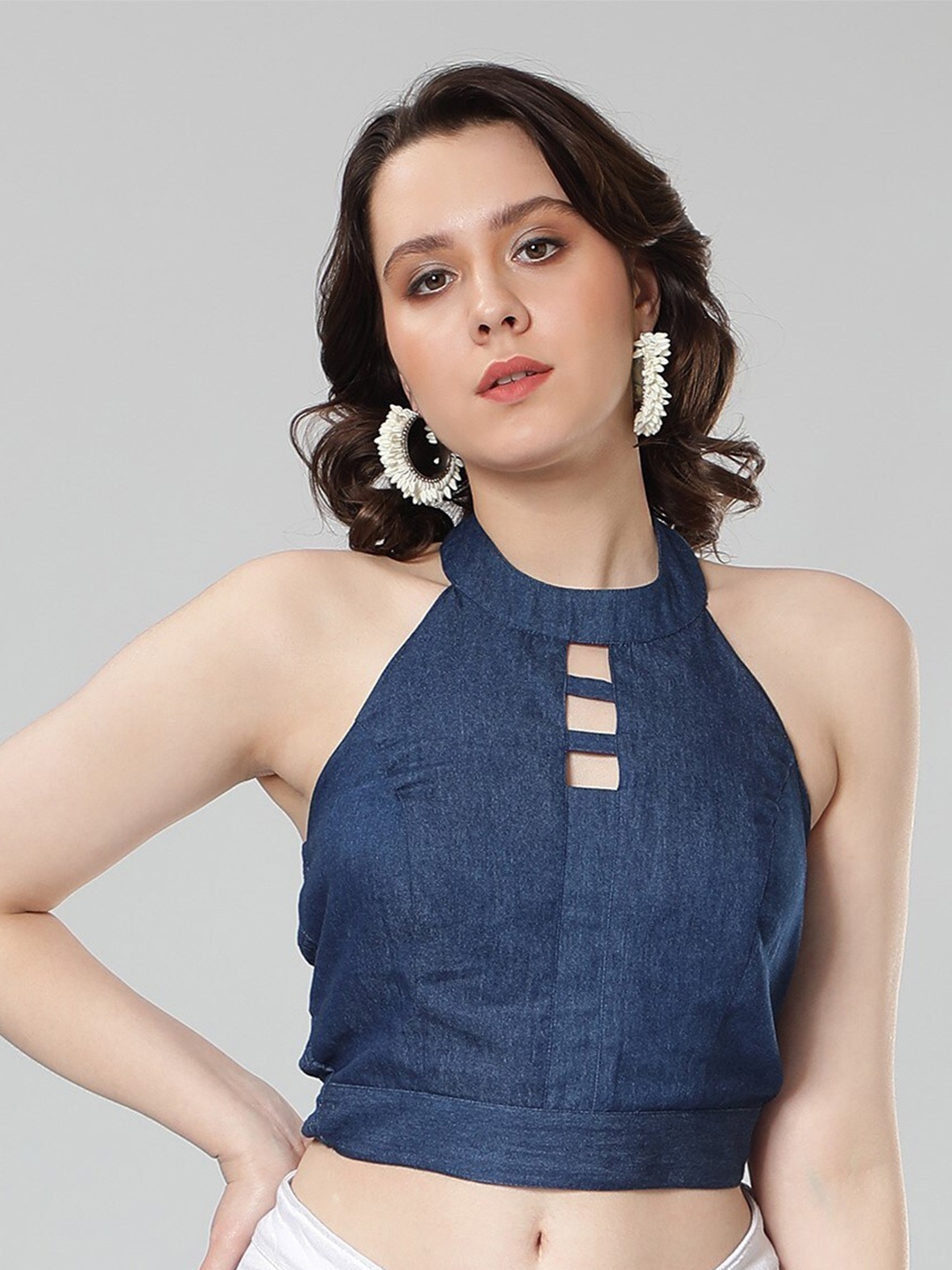 

NUEVOSDAMAS Halter Neck Cut-Out Denim Crop Top, Blue