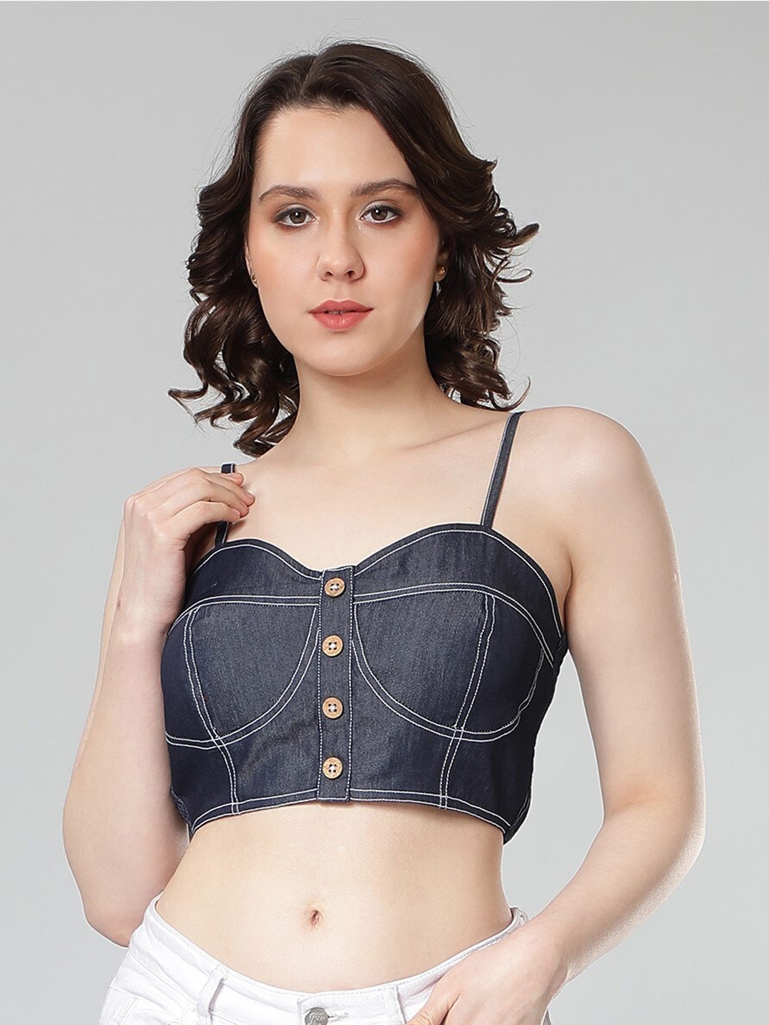 

NUEVOSDAMAS Sweetheart Neck Denim Bralette Crop Top, Blue
