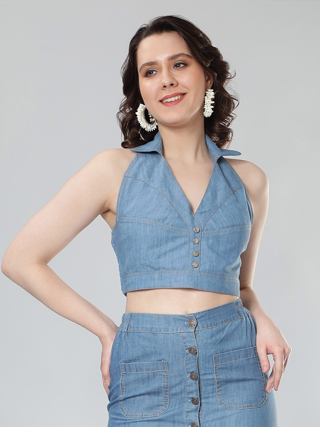 

NUEVOSDAMAS Halter Neck Denim Top, Blue