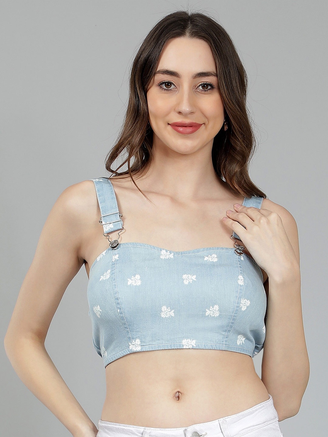 

NUEVOSDAMAS Floral Printed Sweetheart Neck Denim Bralette Crop Top, Blue