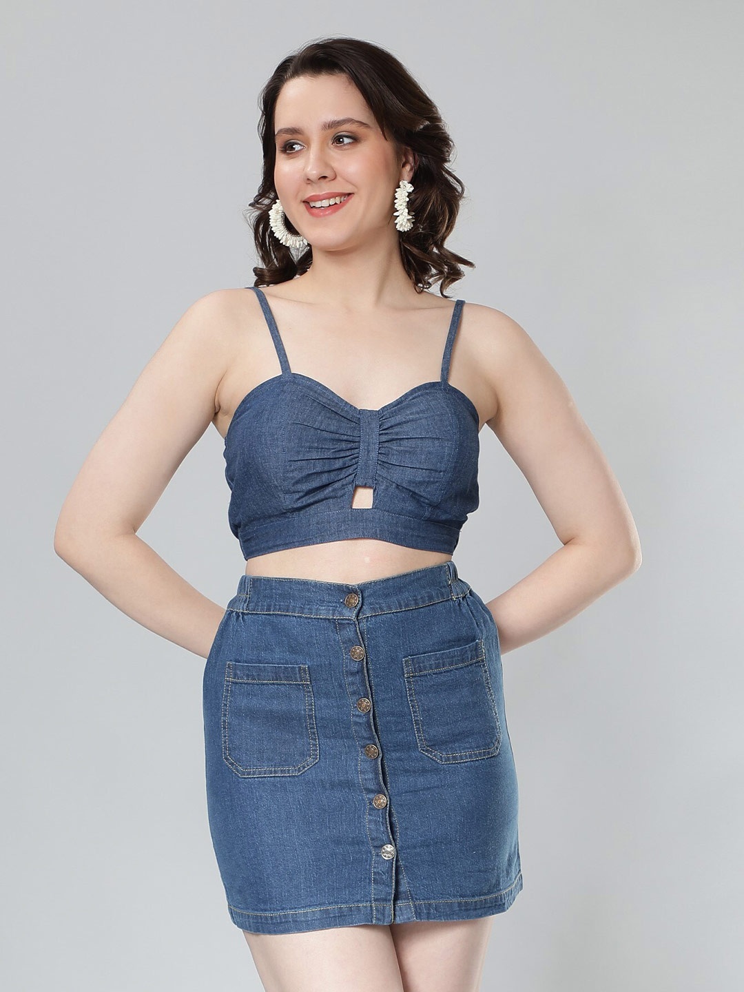 

NUEVOSDAMAS Sweetheart Neck Cut Out Denim Bralette Crop Top, Blue