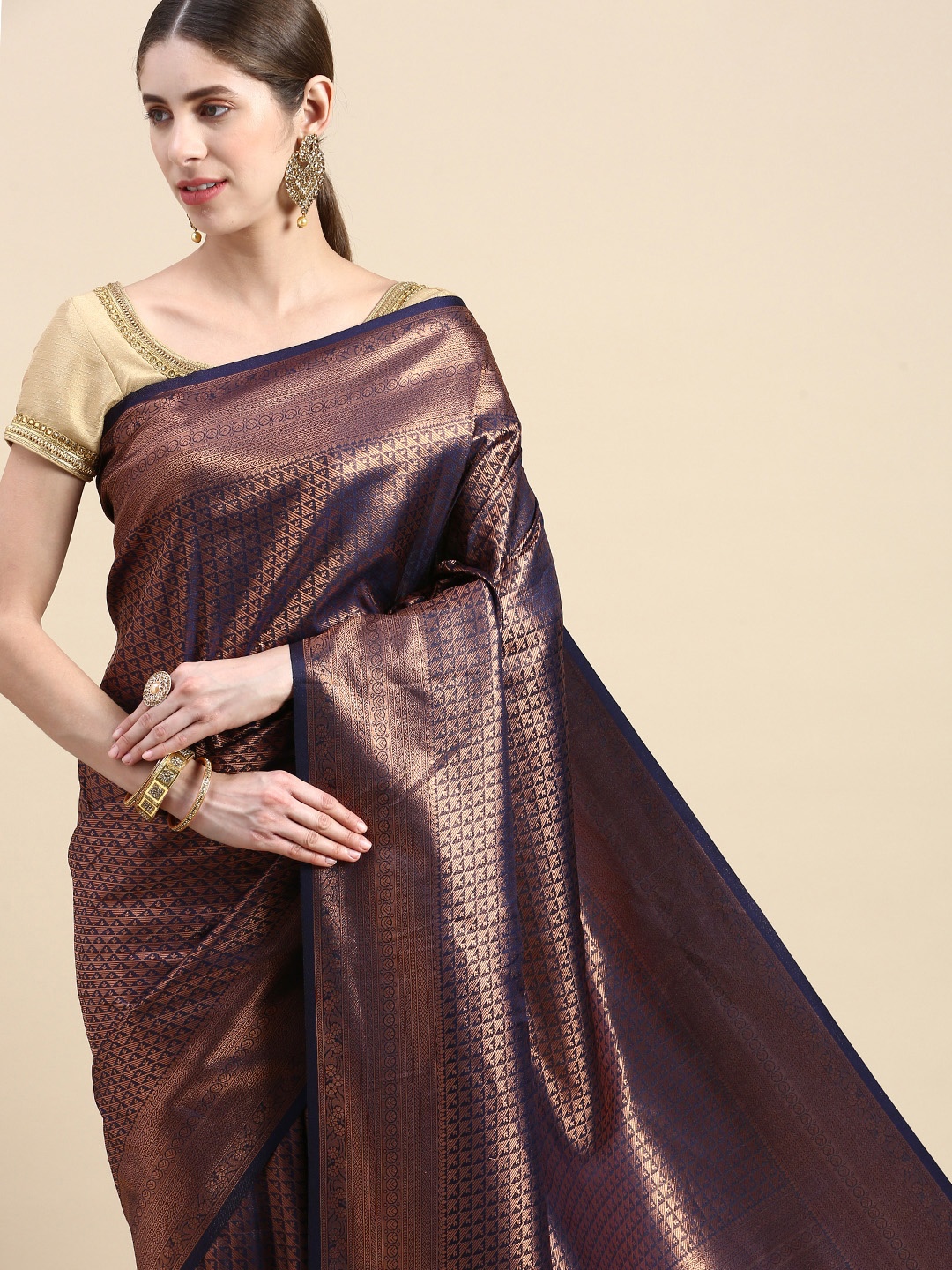

Pothys Navy Blue & Bronze-Toned Woven Design Art Silk Banarasi Saree