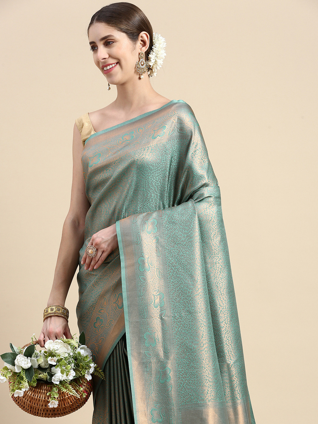 

Pothys Green Woven Design Art Silk Banarasi Saree