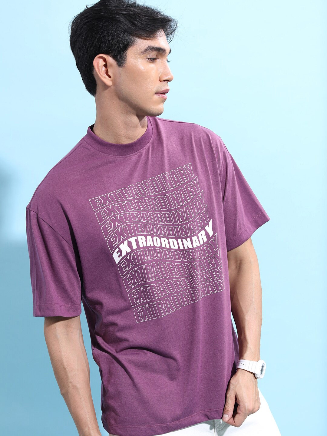 

KETCH Typography Printed Drop Shoulder Sleeves Oversized T-shirt, Purple