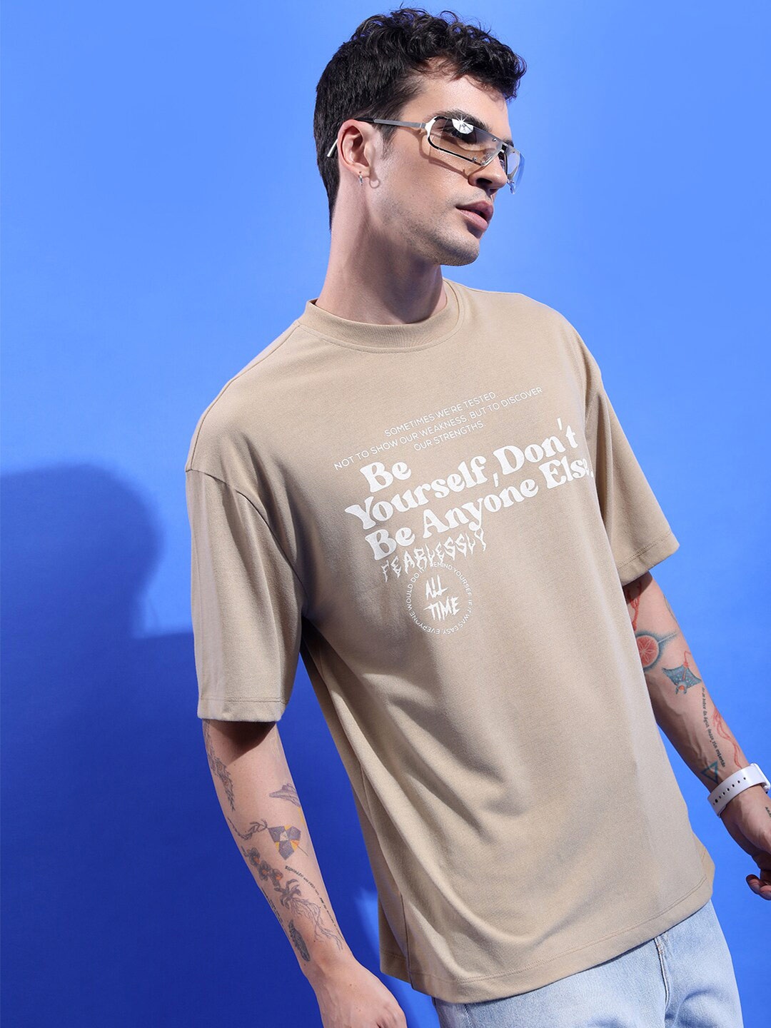 

KETCH Typography Printed Drop-Shoulder Sleeves Oversized T-shirt, Beige