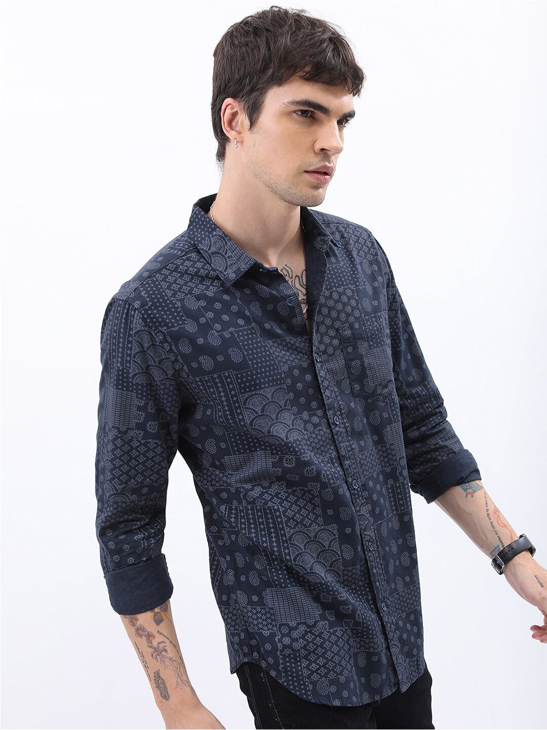 

KETCH Slim Fit Ethnic Printed Cotton Casual Shirt, Navy blue