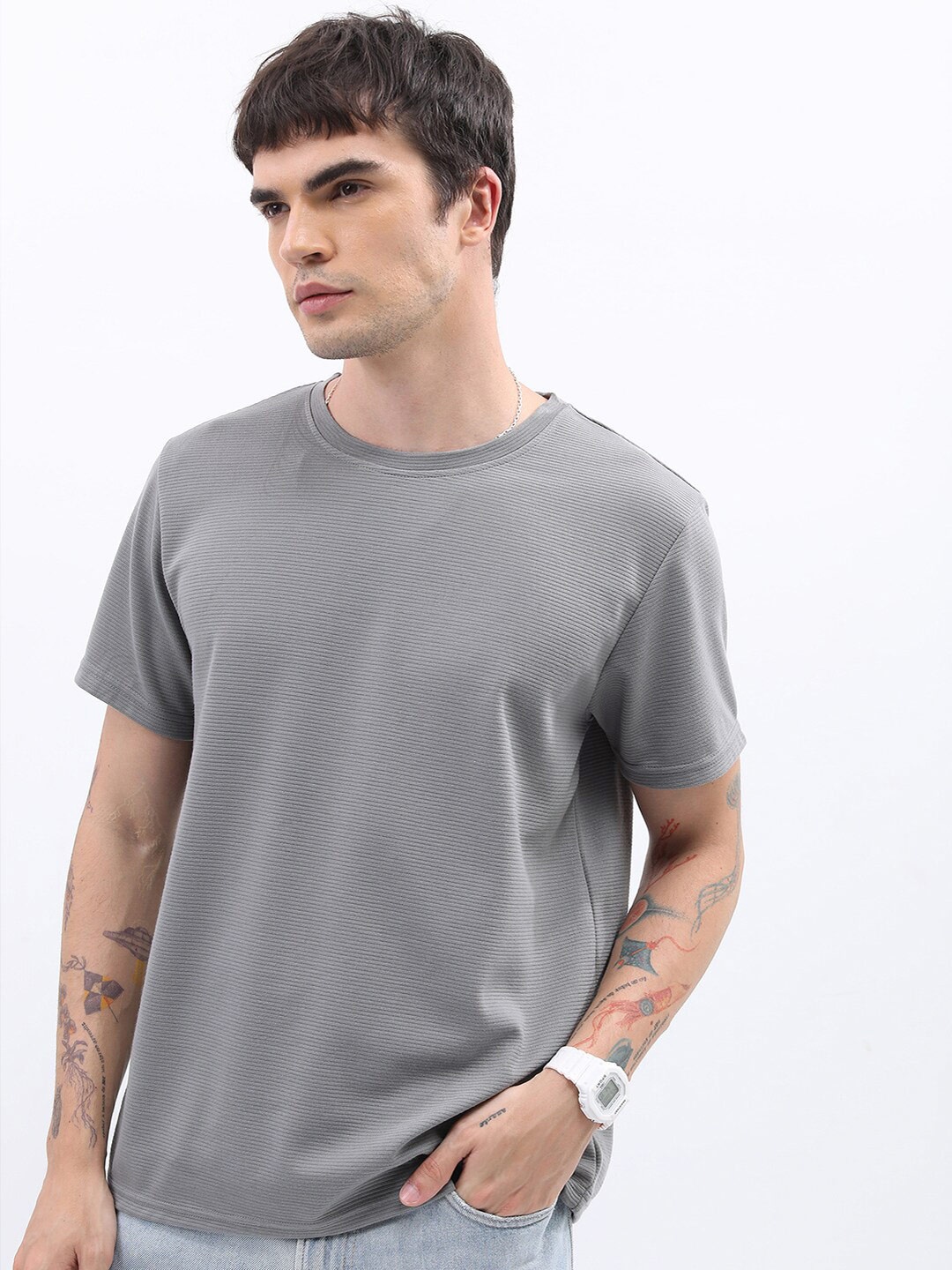 

KETCH Self Design Slim Fit T-shirt, Grey