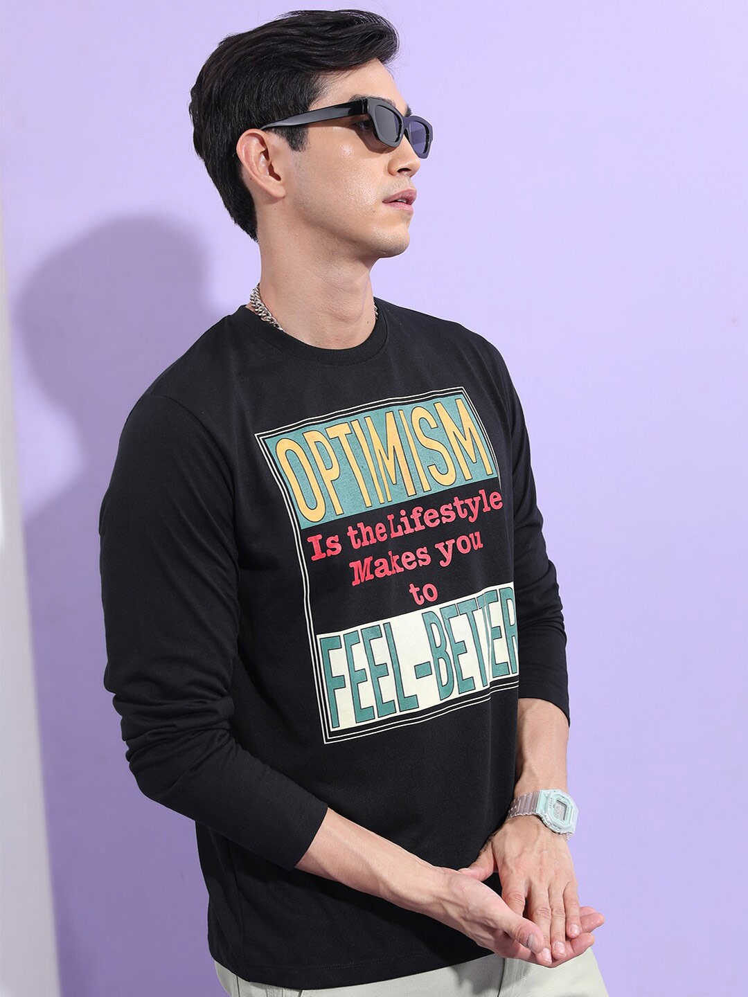 

KETCH Typography Printed Round Neck Long Sleeves T-shirt, Black