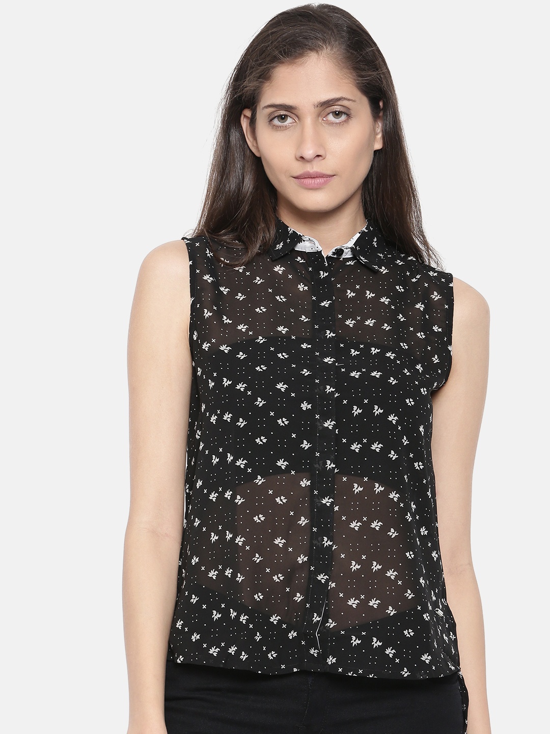 

Pepe Jeans Women Black Regular Fit Printed Semi-Sheer Casual Shirt