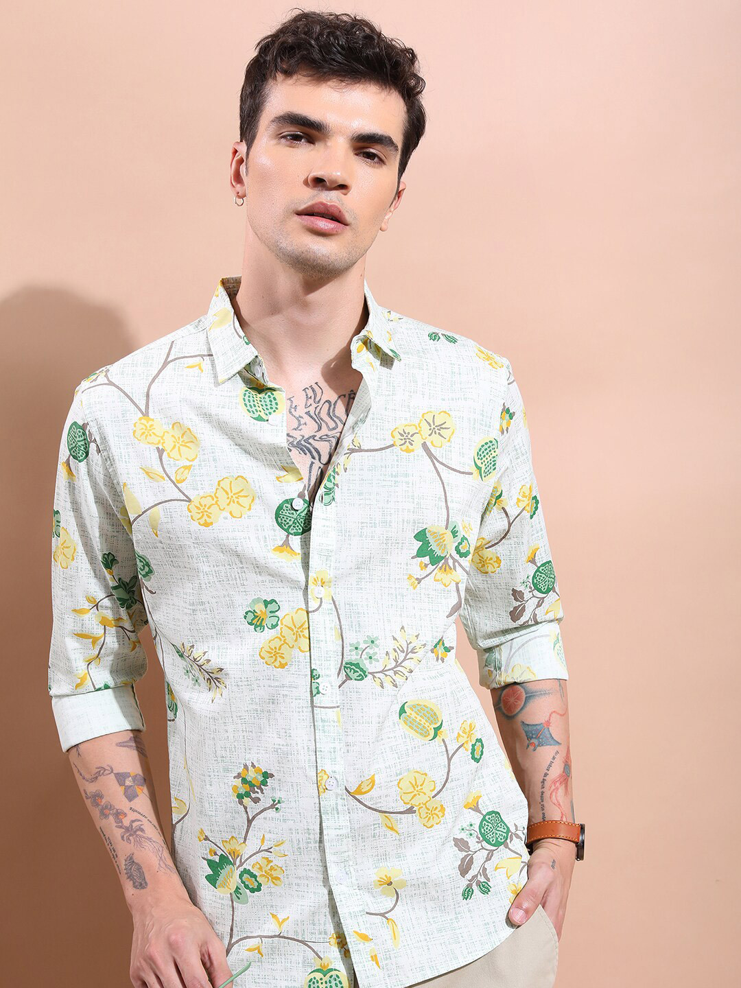 

KETCH Slim Fit Floral Printed Casual Shirt, Green