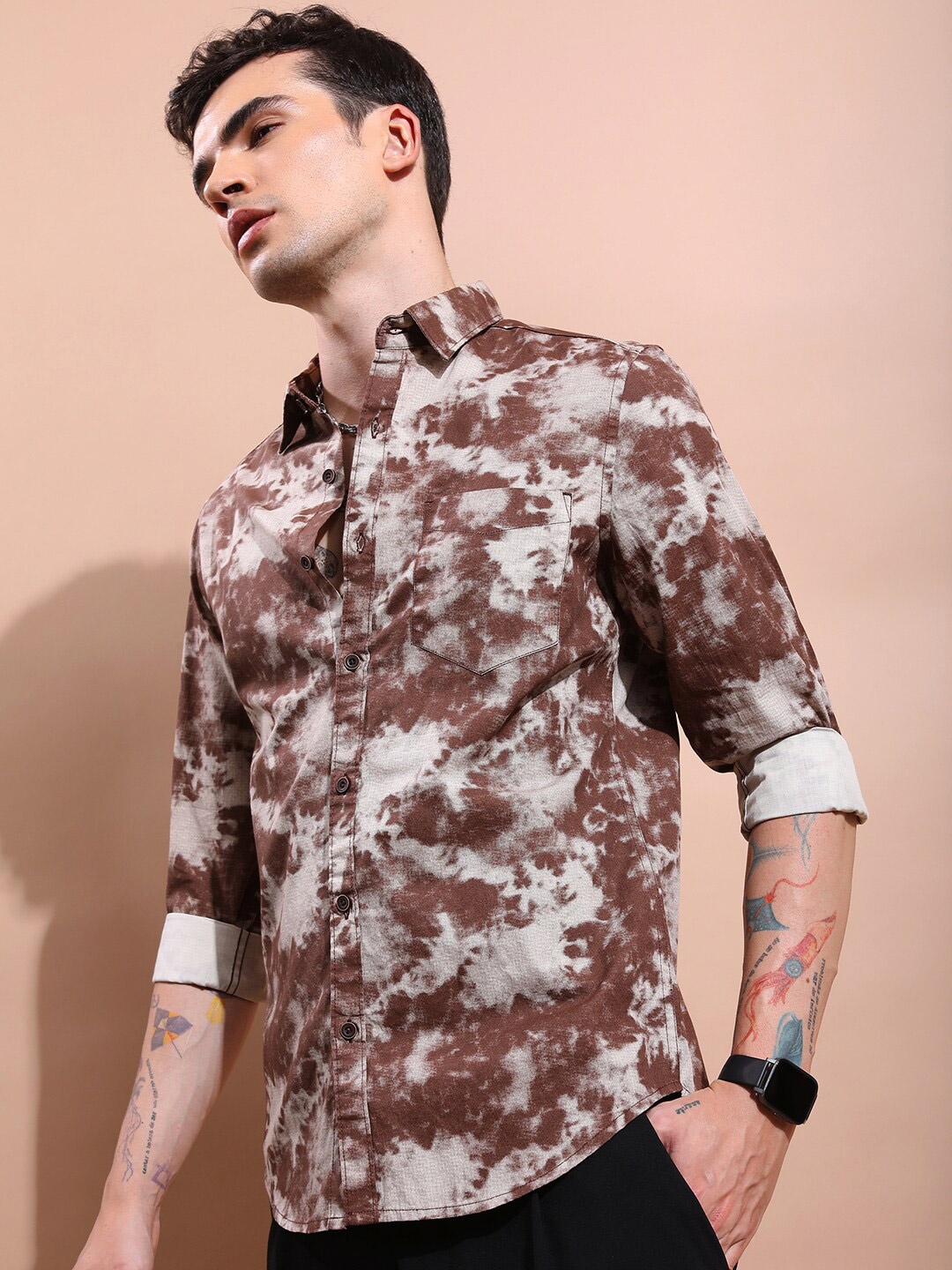 

KETCH Slim Fit Abstract Printed Cotton Casual Shirt, Brown