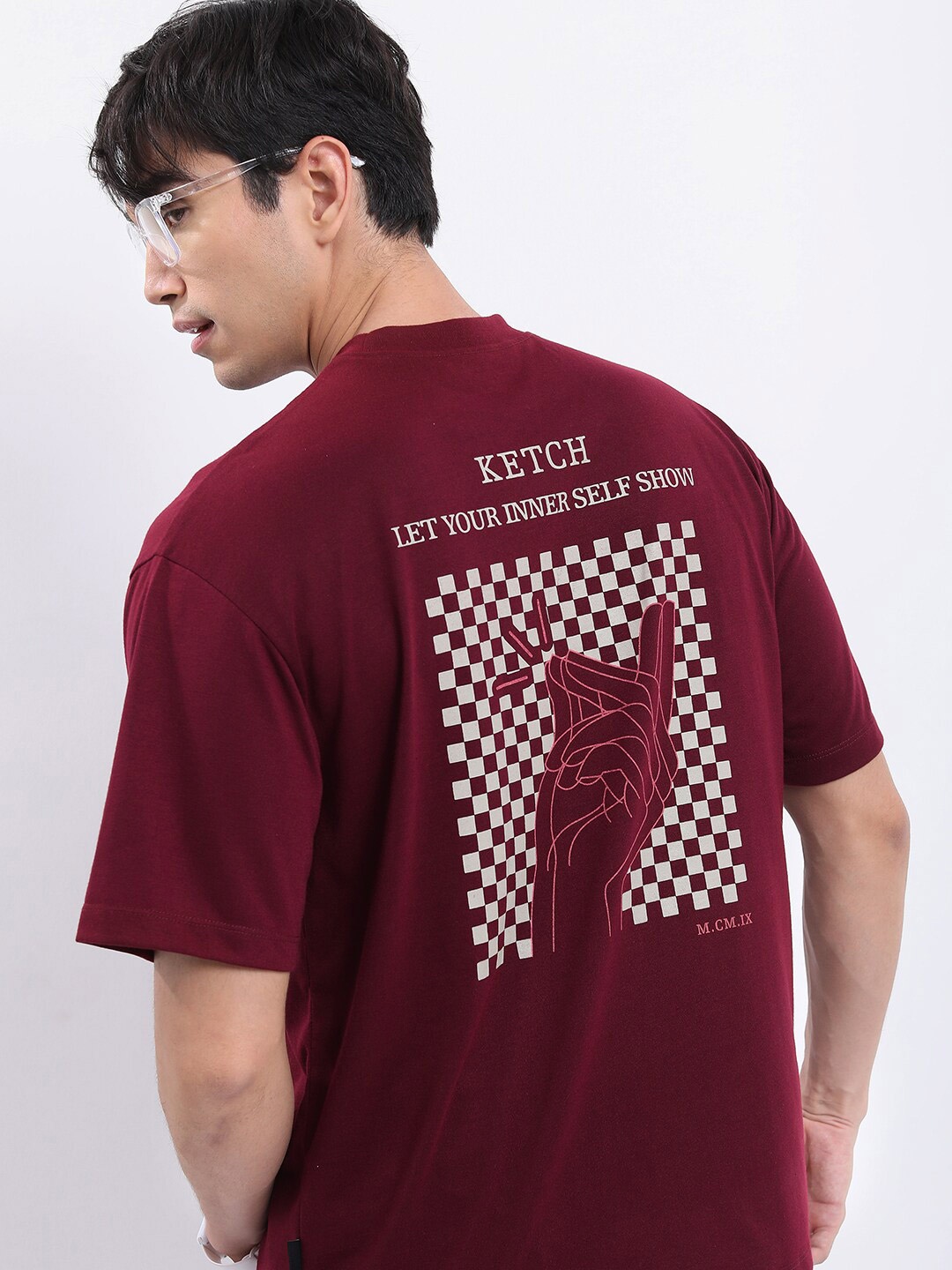 

KETCH Graphic Printed Drop Shoulder Oversized T-shirt, Maroon