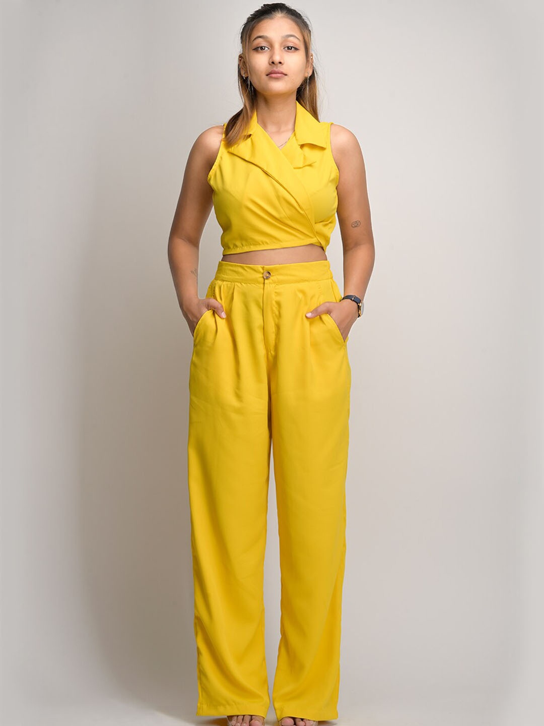 

Street Style Store Lapel Collar Sleeveless Crop Top With Trousers Co-Ords, Yellow