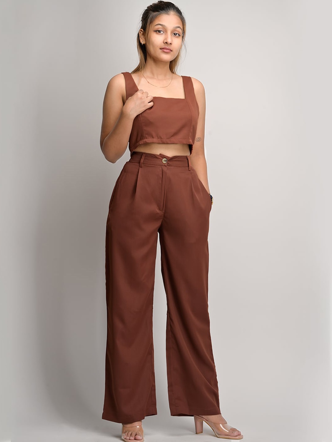 

Street Style Store Square Neck Crop Top With Trousers, Brown