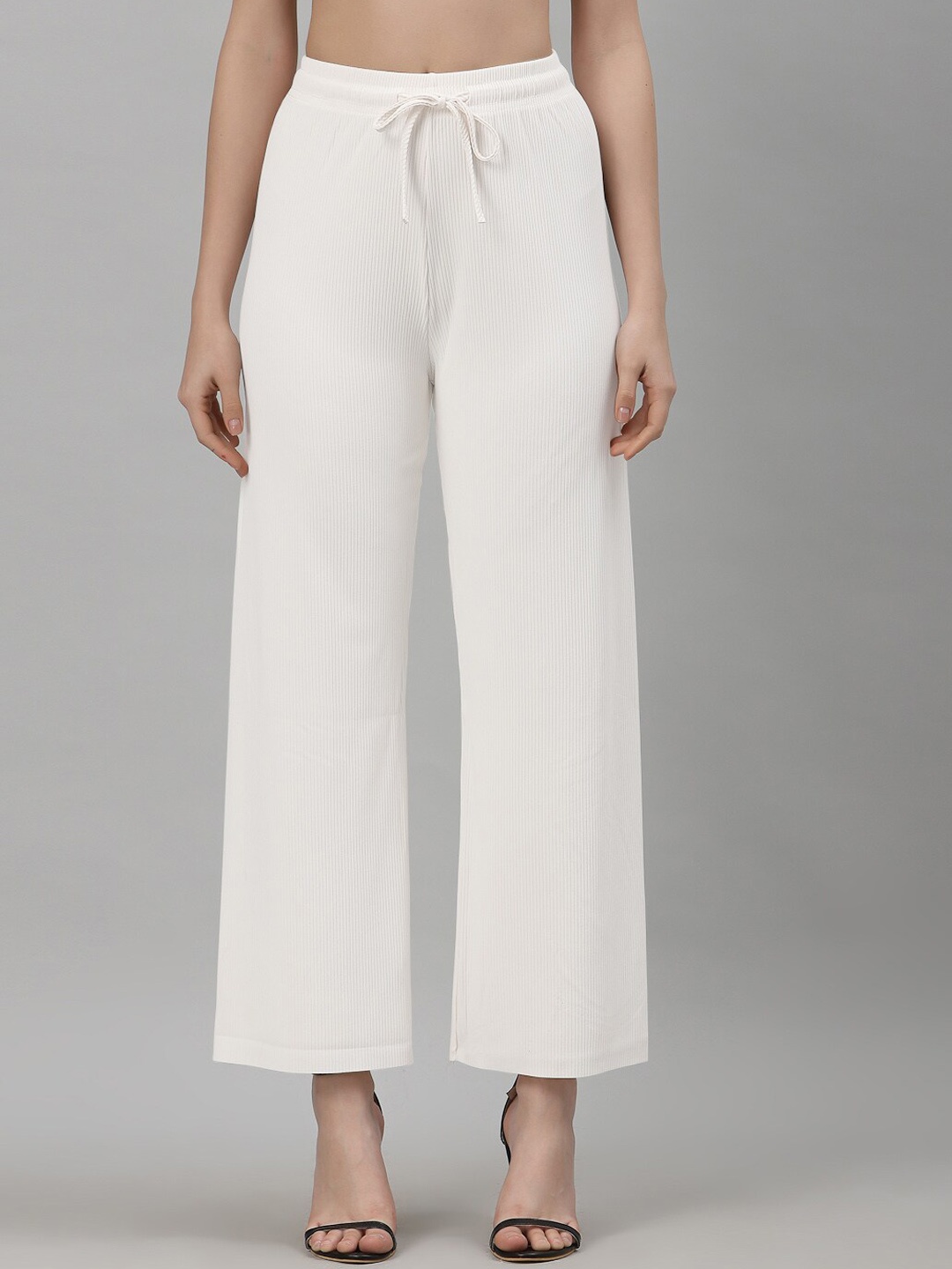 

NEUDIS Women High-Rise Relaxed Fit Ribbed Parallel Trousers, White