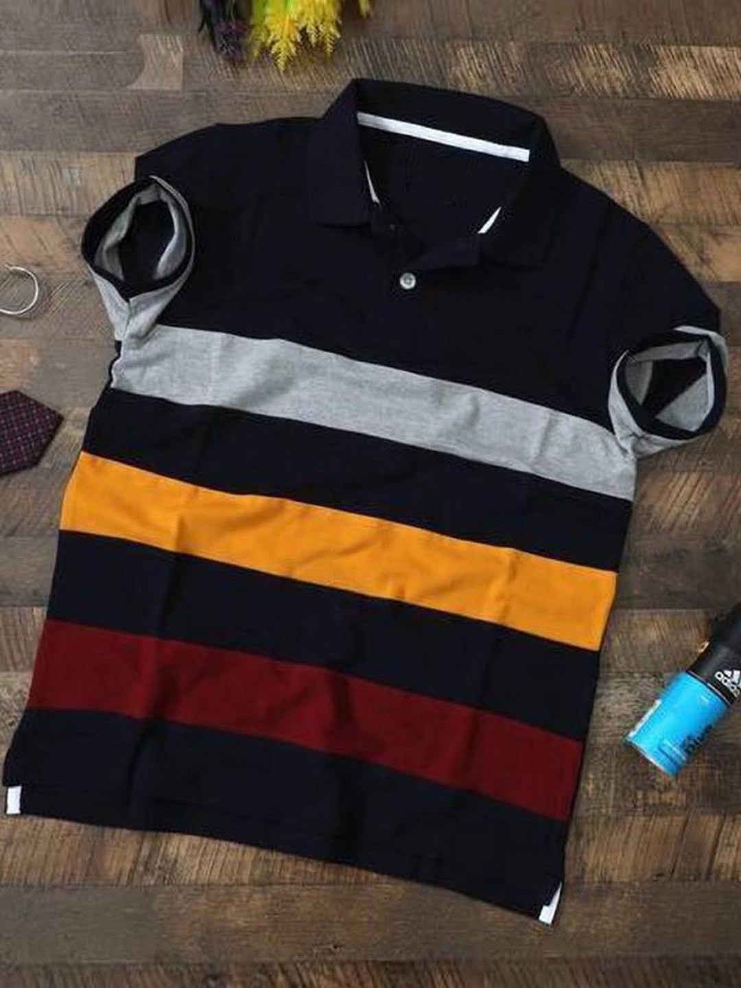 

Try This Striped Polo Collar Cotton T-shirt, Navy blue
