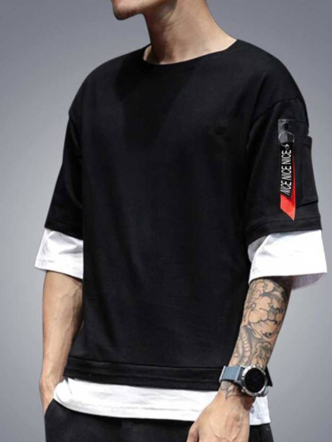 

Try This Drop-Shoulder Sleeves Cotton T-shirt, Black