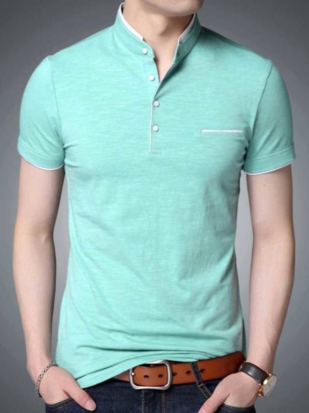 

Try This Mandarin Collar Cotton T-shirt, Sea green
