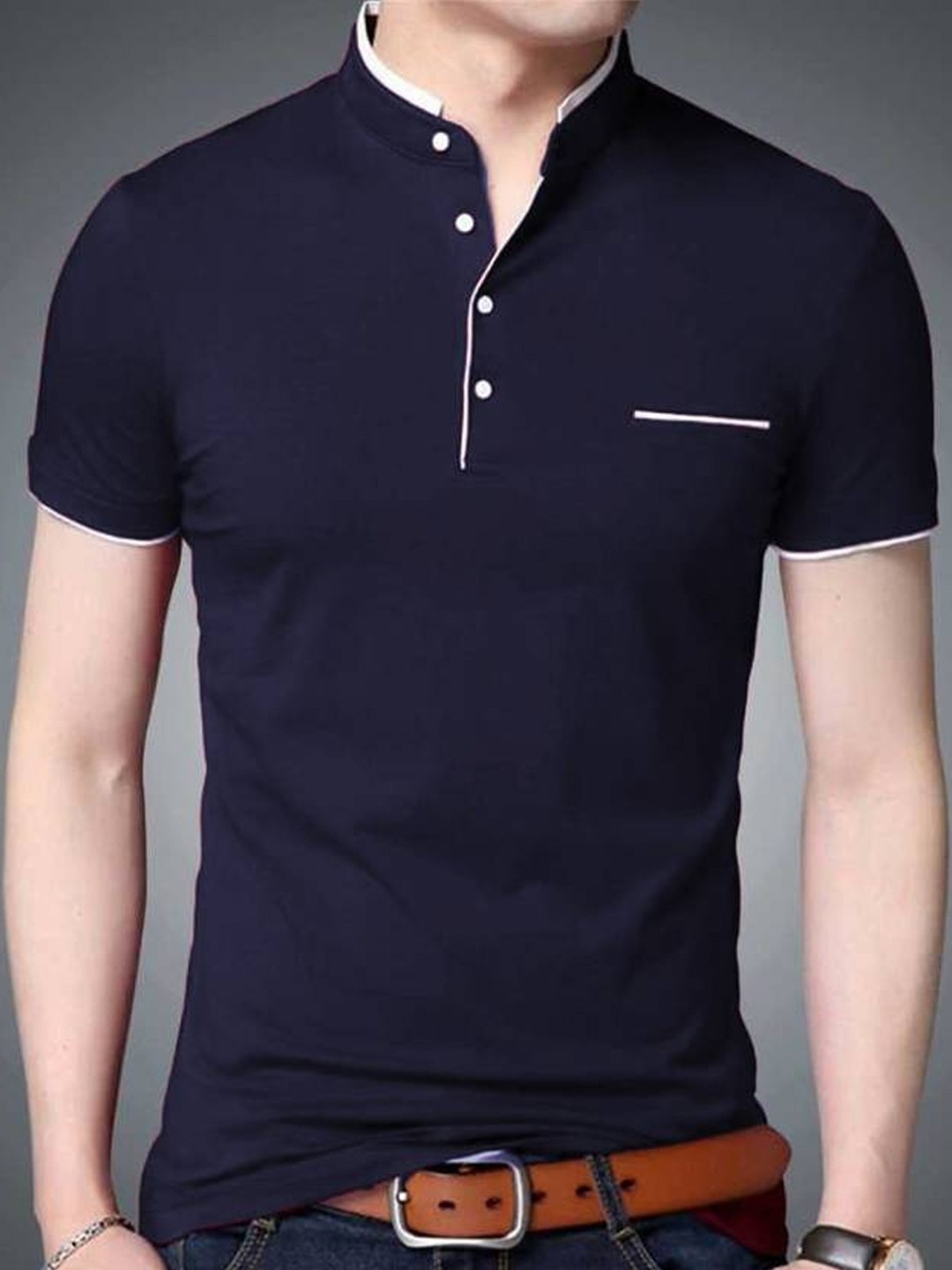 

Try This Mandarin Collar Short Sleeves Cotton T-shirt, Blue