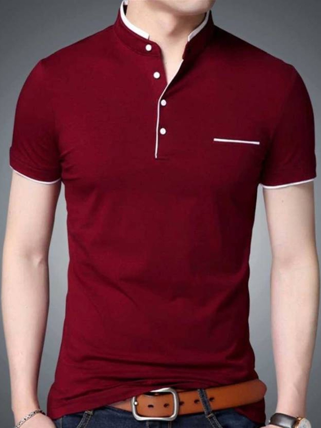 

Try This Mandarin Collar Cotton T-shirt, Maroon