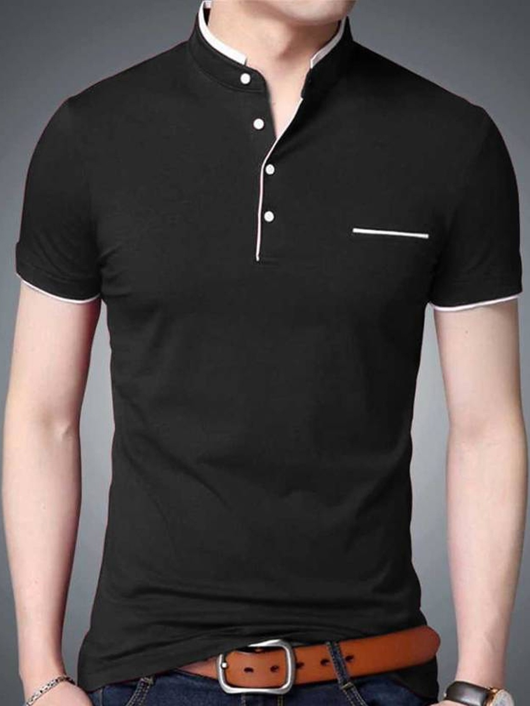 

Try This Mandarin Collar Cotton T-shirt, Black