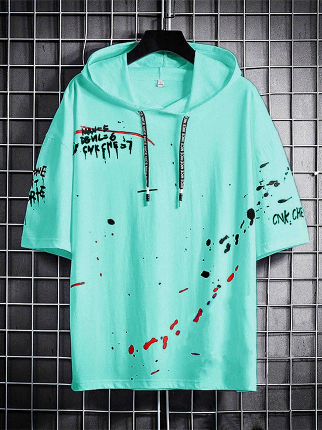 

Try This Abstract Printed Hooded Drop Shoulder Sleeves Cotton Loose Fit T-shirt, Sea green