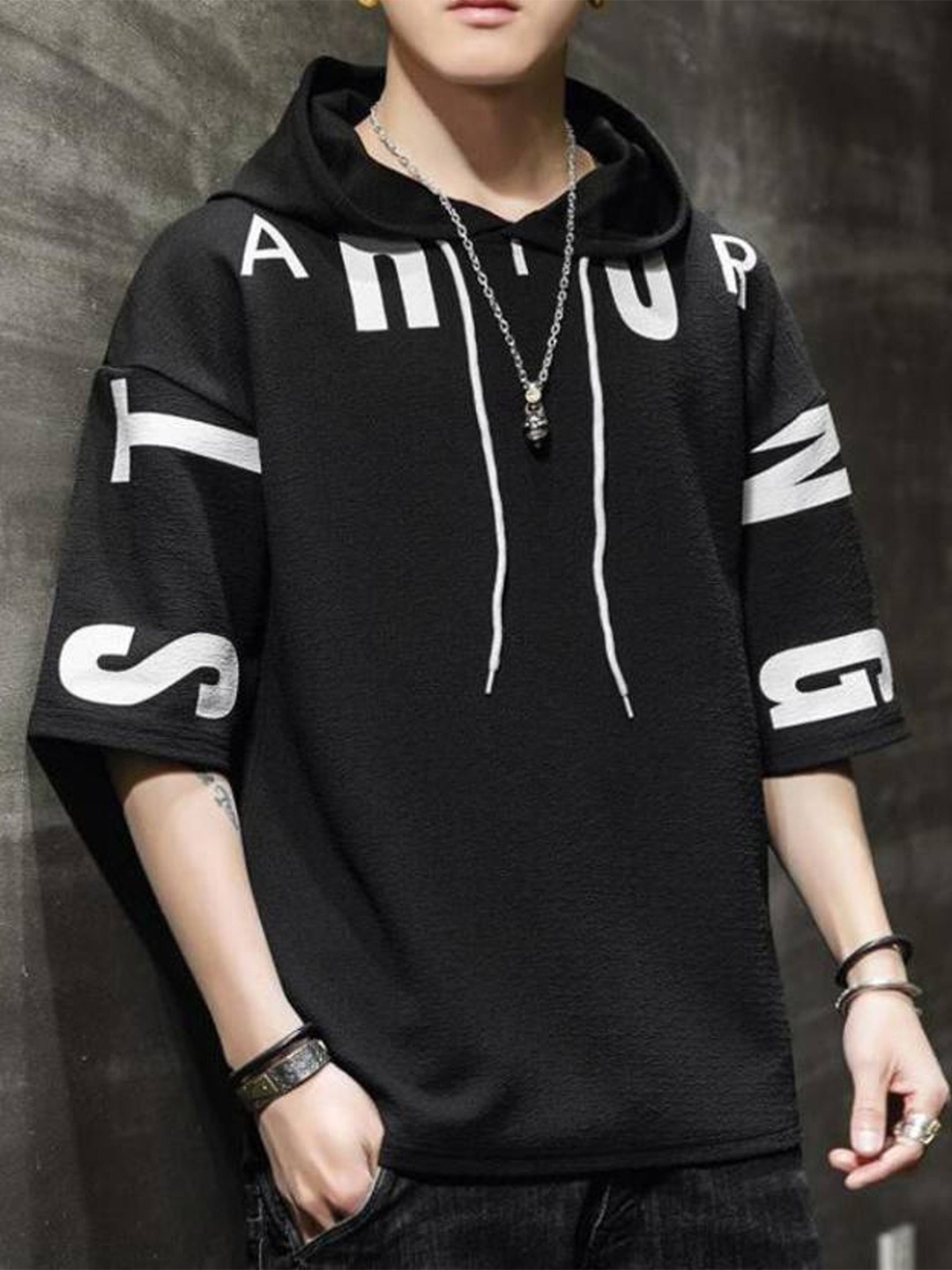 

Try This Typography Printed Hooded Drop-Shoulder Sleeves Cotton T-shirt, Black