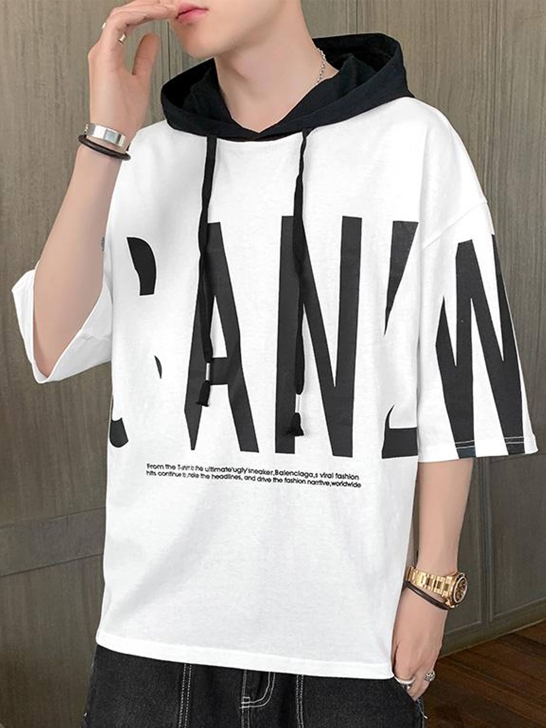 

Try This Typography Printed Hooded Drop Shoulder Sleeves Cotton T-shirt, White