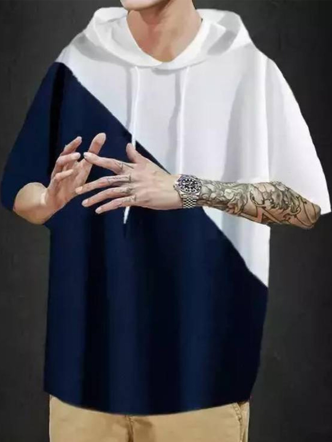 

Try This Colourblocked Hooded Drop Shoulder Sleeves Cotton T-shirt, Navy blue
