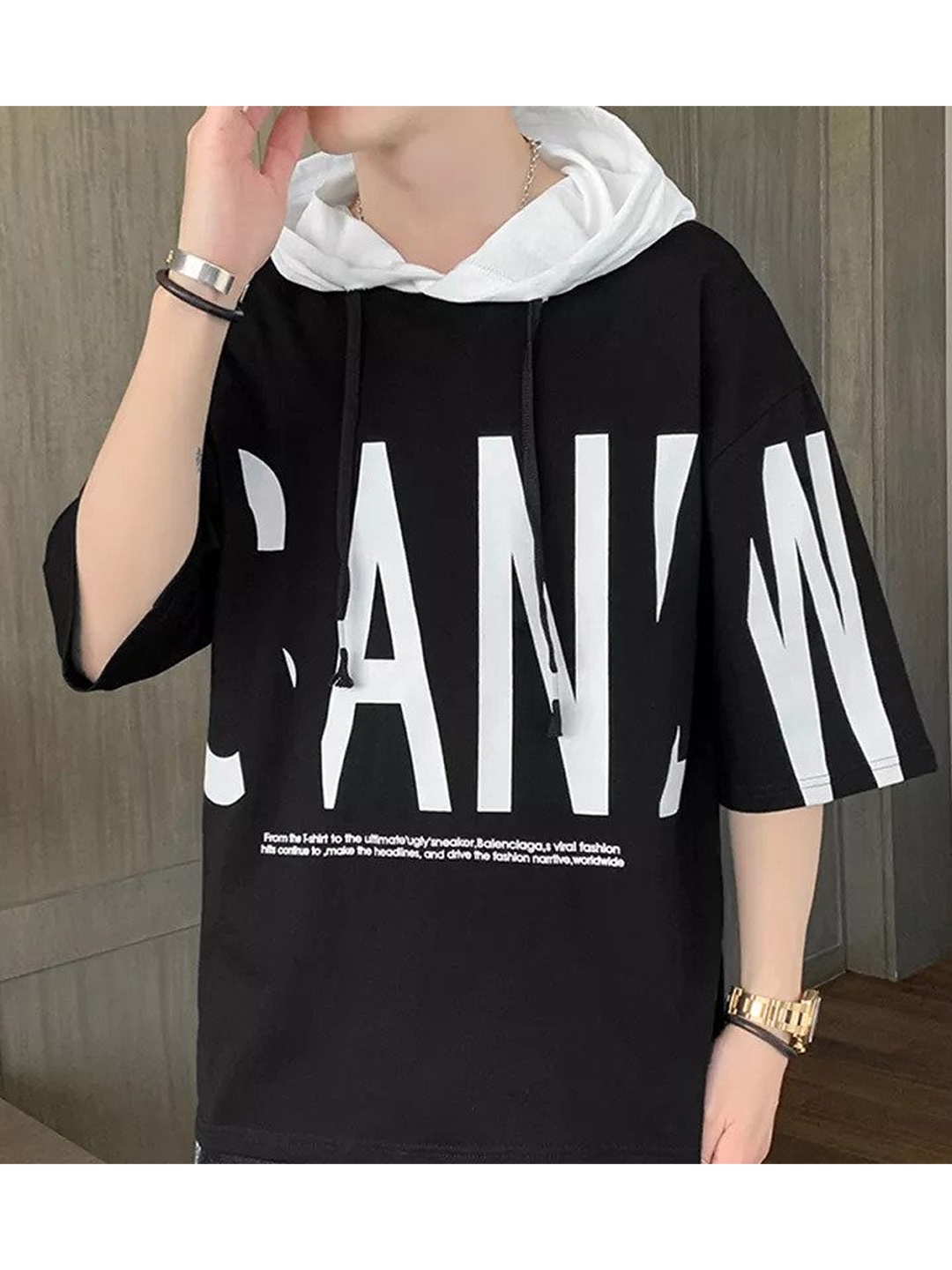 

Try This Typography Printed Hooded Drop Shoulder Sleeves Cotton T-shirt, Black