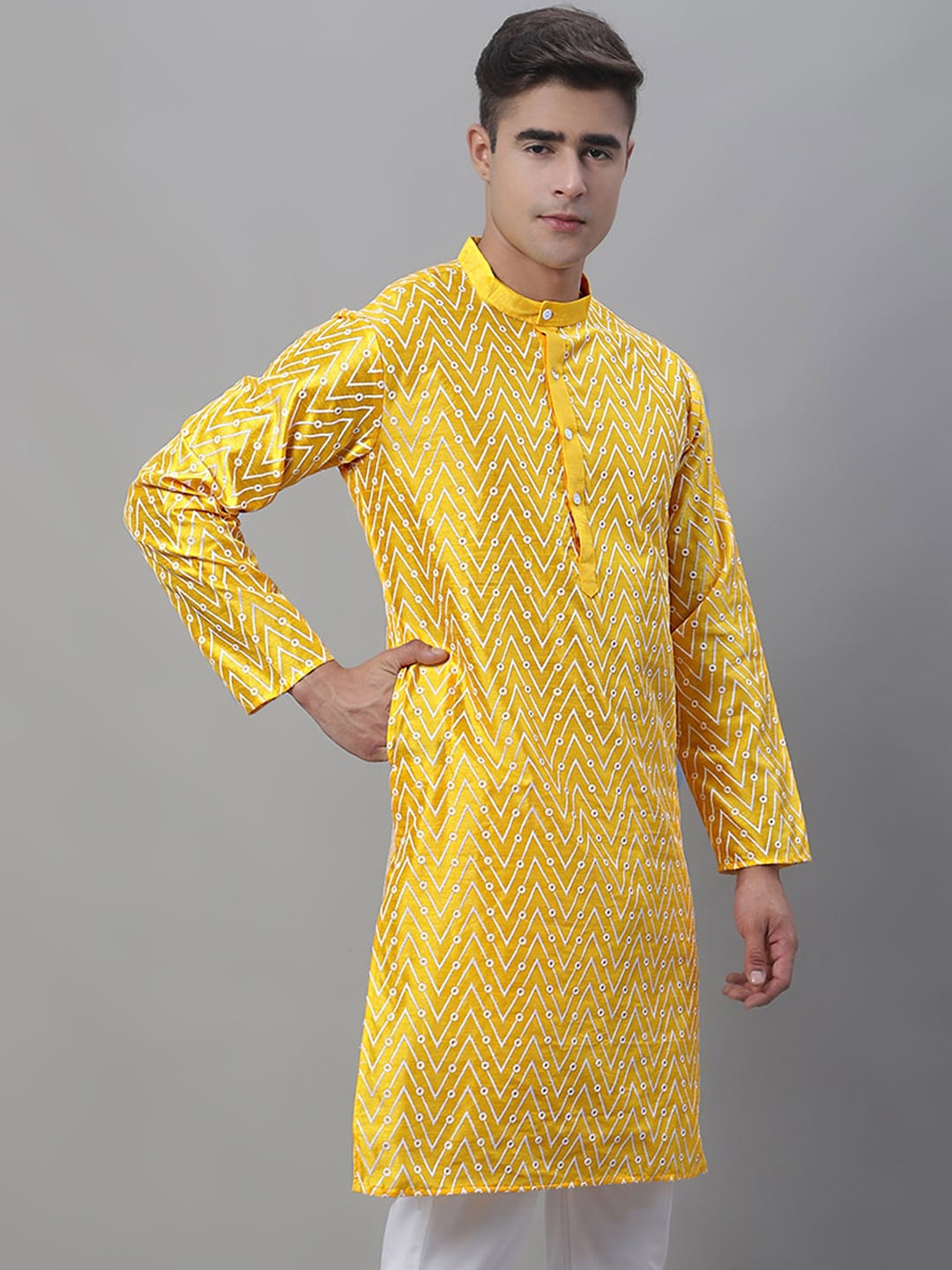 

Anouk Yellow & White Chevron Embroidered Band Collar Cotton Silk Kurta