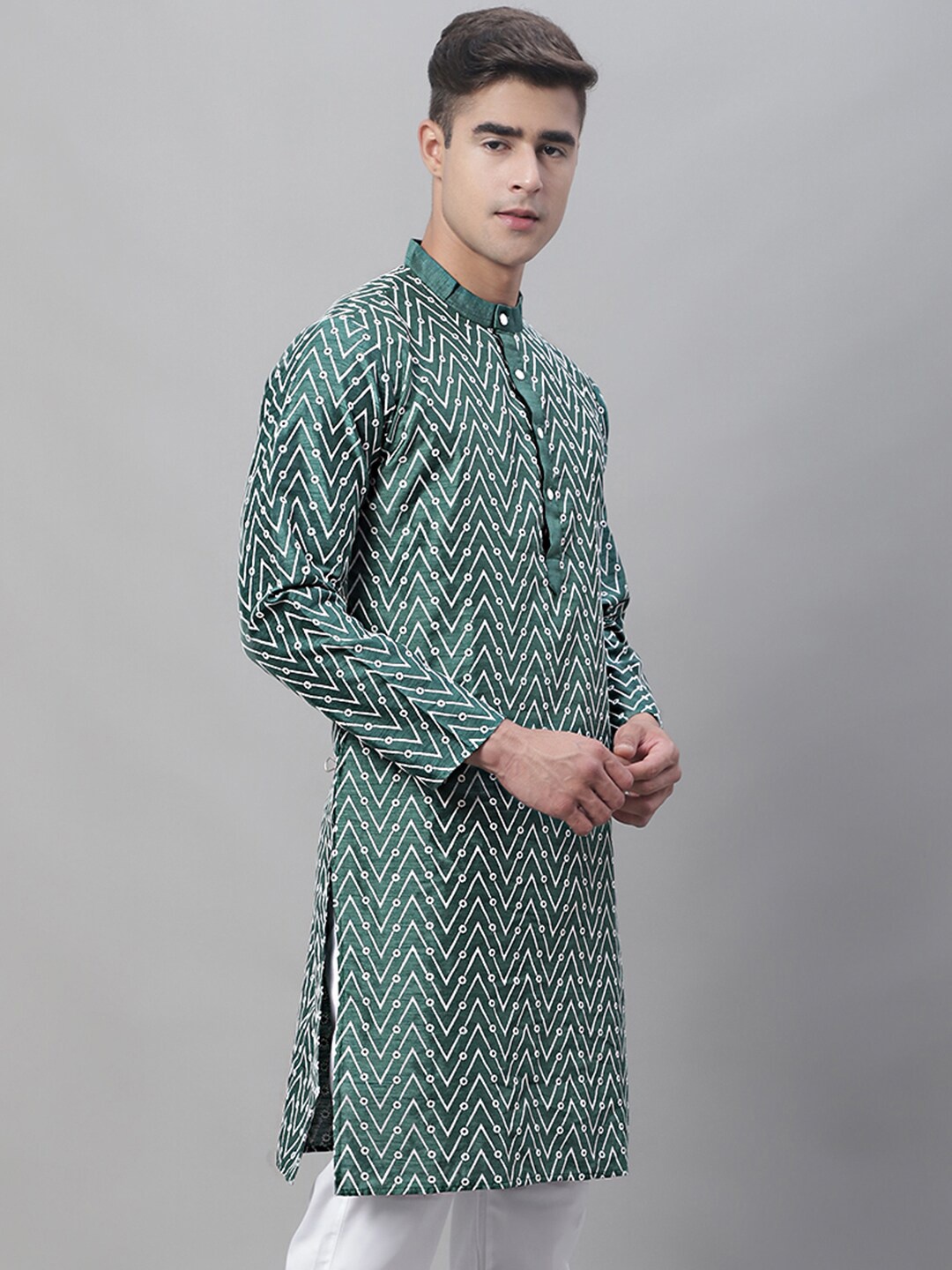 

Anouk Green & White Chevron Embroidered Band Collar Cotton Silk Kurta