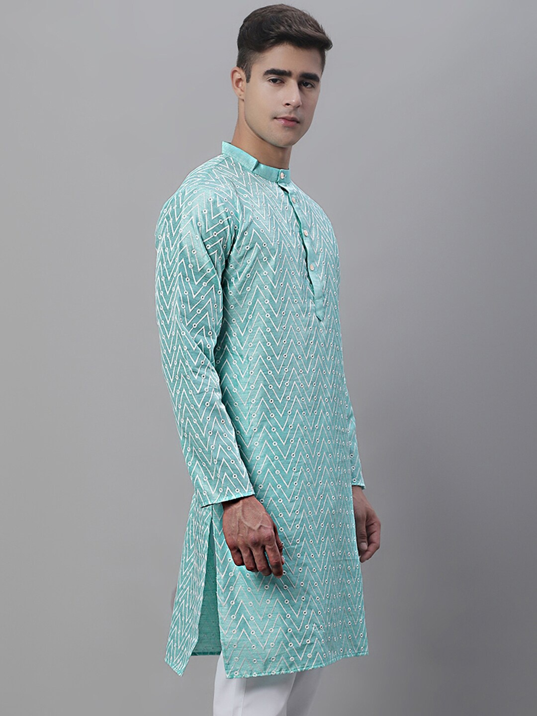 

Anouk Turquoise Blue Chevron Embroidered Band Collar Cotton Silk Kurta