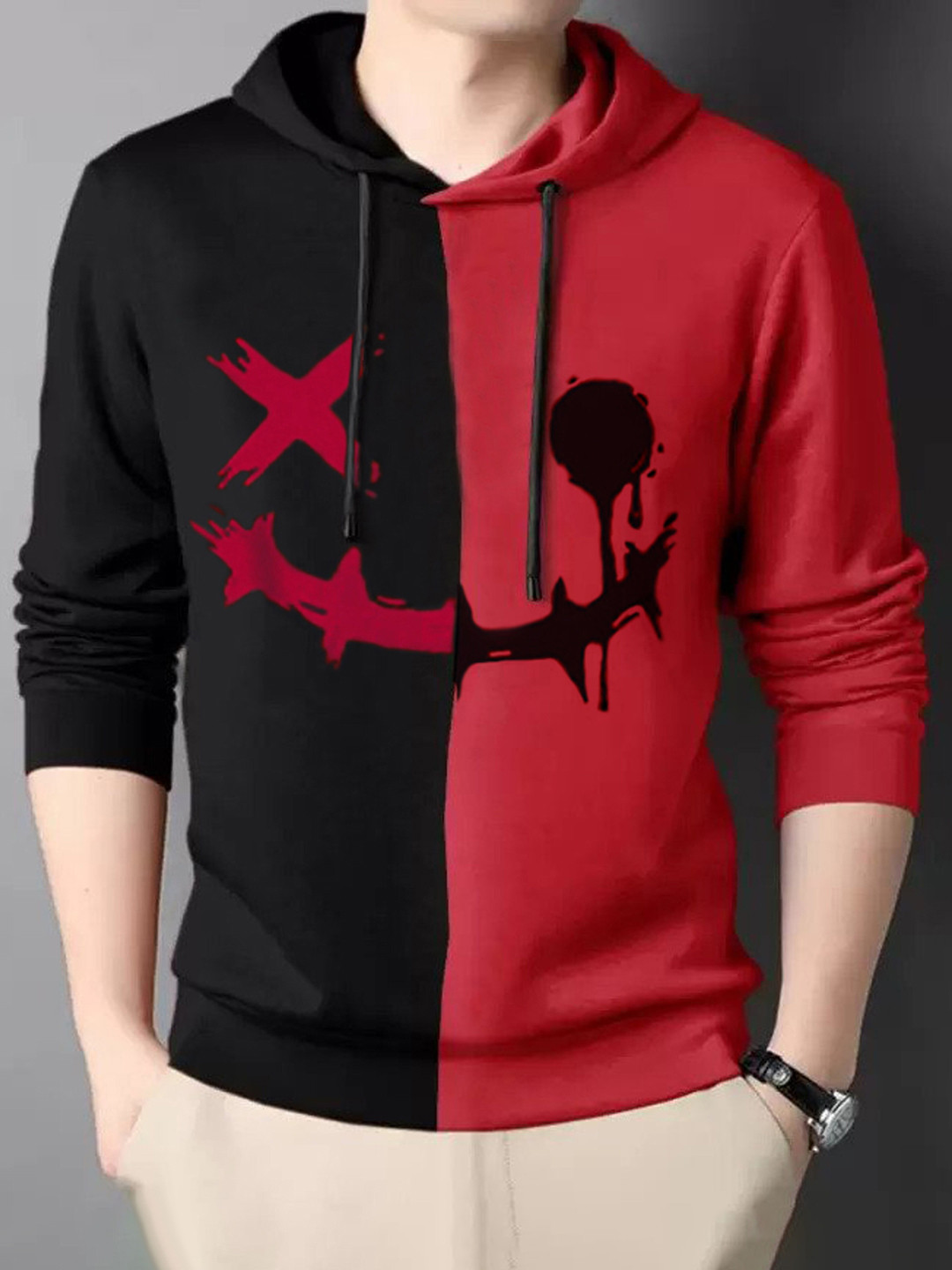 

Try This Colourblocked Hooded Cotton T-shirt, Red