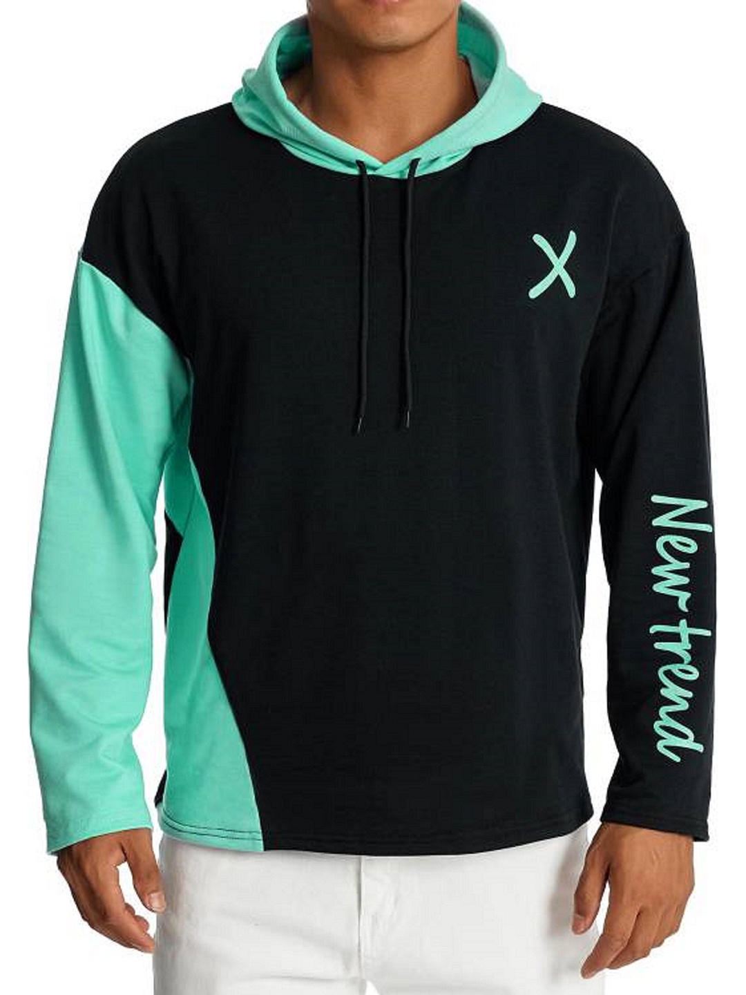 

Try This Colourblocked Hooded Cotton T-shirt, Sea green