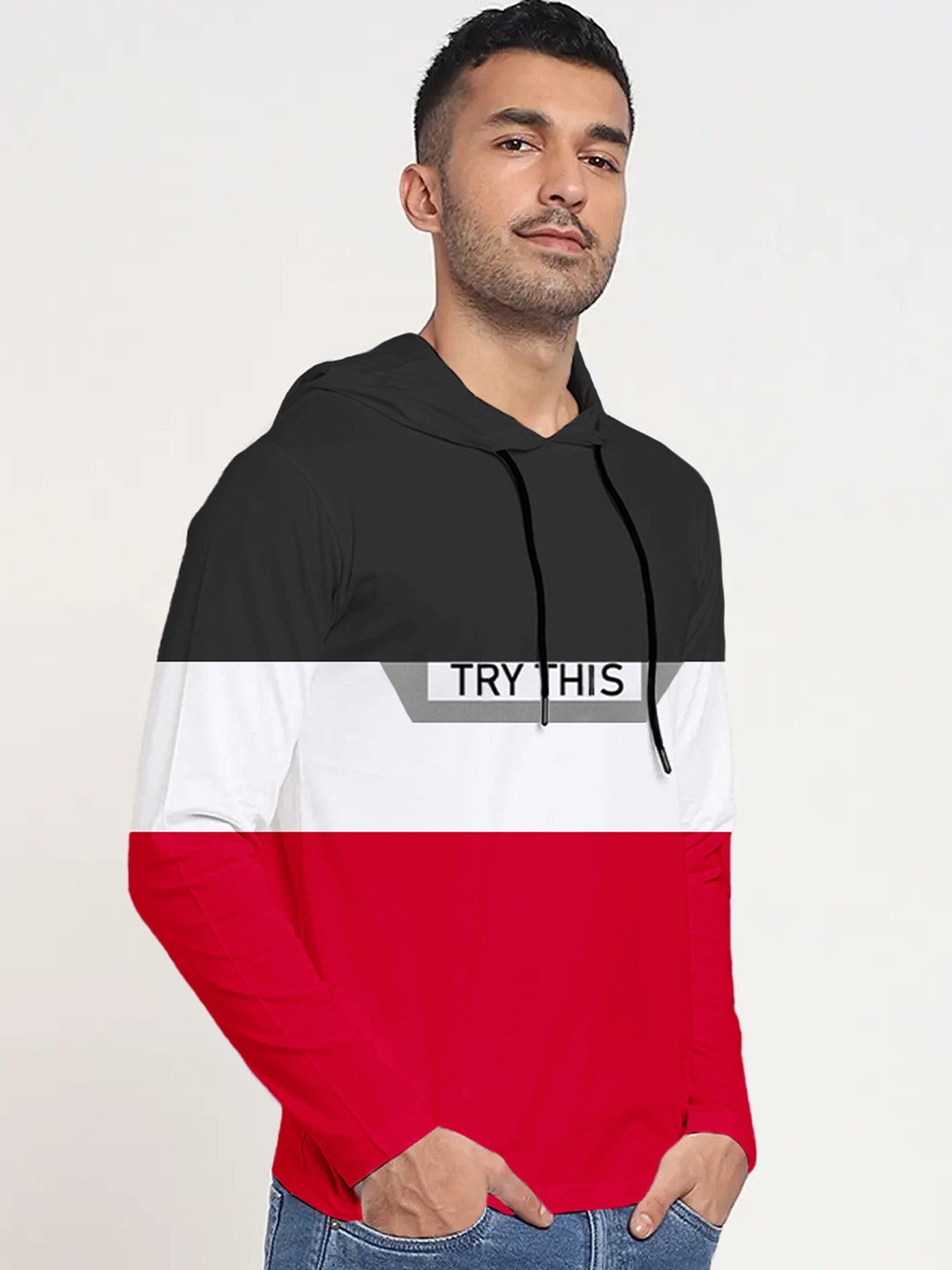 

Try This Colourblocked Hooded Cotton T-shirt, Red
