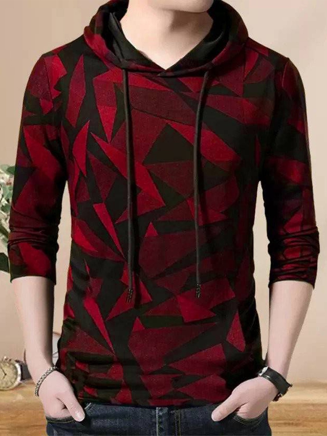 

Try This Geometric Printed Hooded Cotton T-shirt, Red