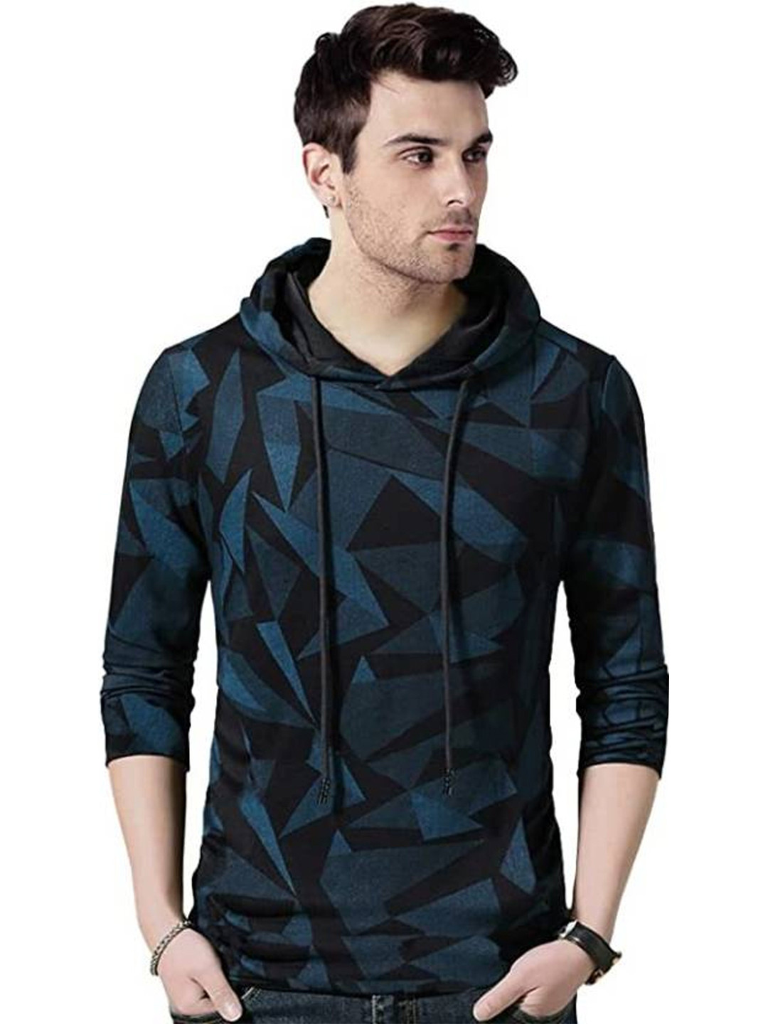

Try This Geometric Printed Hooded Cotton T-shirt, Blue