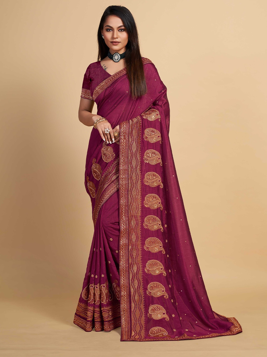 

ZIKARAA Ethnic Motifs Embroidered Silk Cotton Saree, Purple