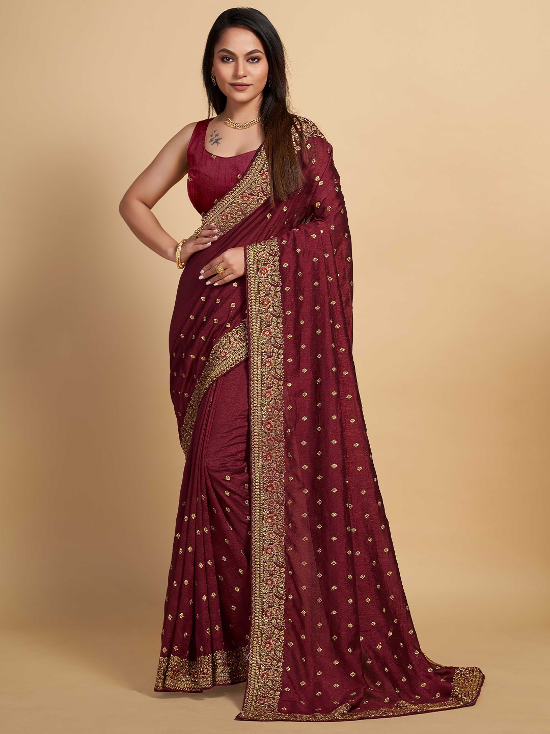 

ZIKARAA Maroon Ethnic Motifs Embroidered Silk Cotton Saree