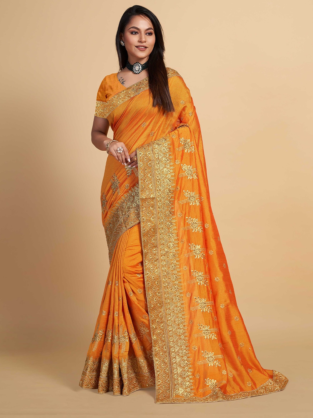 

ZIKARAA Ethnic Motifs Embroidered Silk Cotton Heavy Work Saree, Mustard