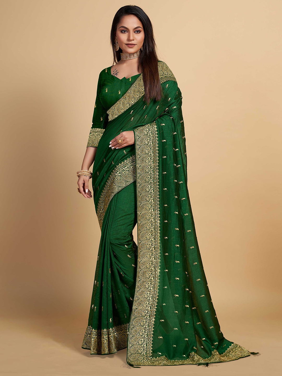 

ZIKARAA Paisley Embroidered Silk Cotton Heavy Work Saree, Green