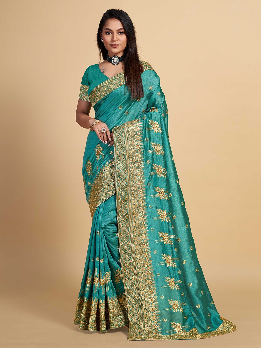 

ZIKARAA Floral Embroidered Silk Cotton Saree, Turquoise blue