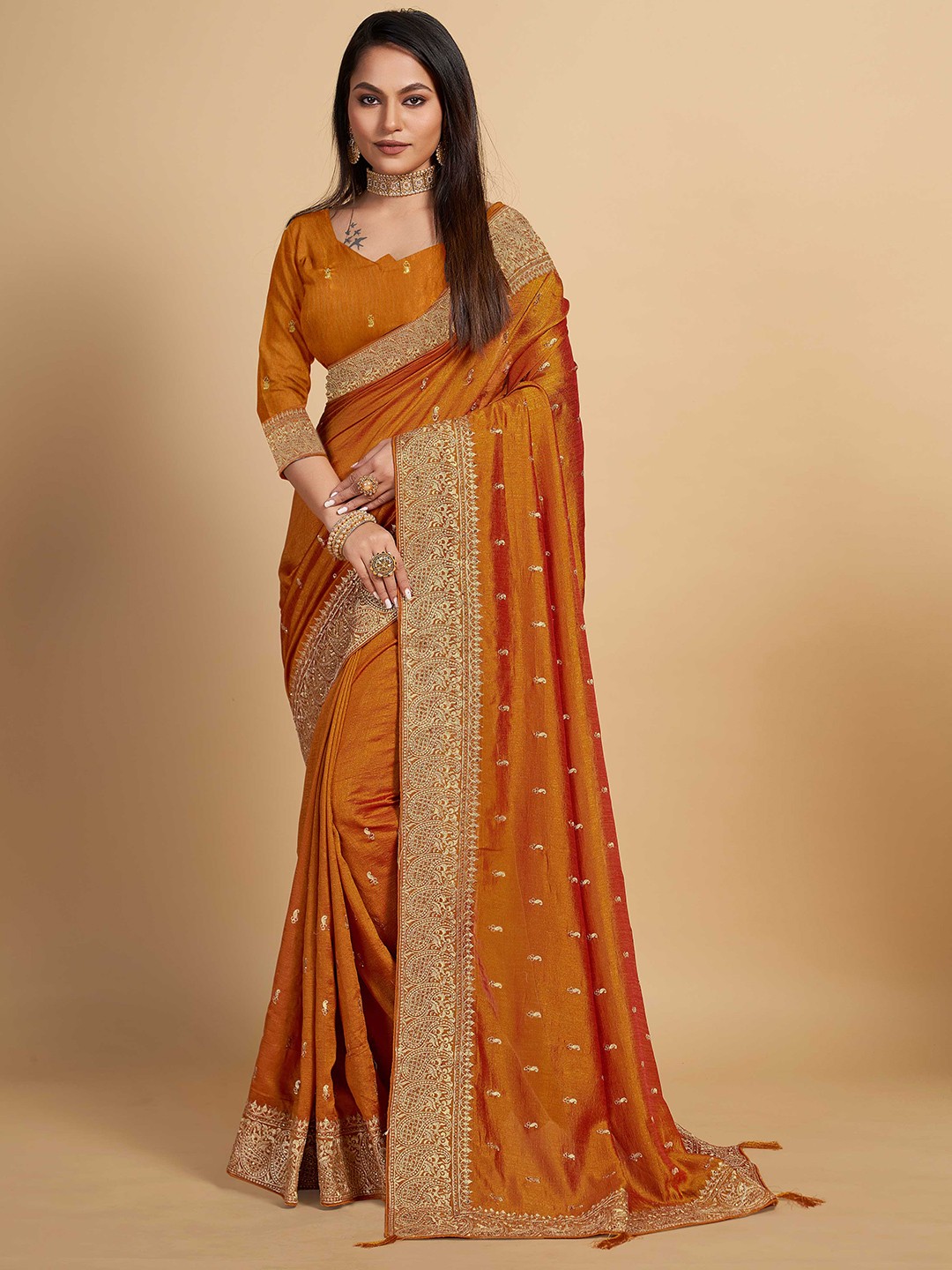 

ZIKARAA Ethnic Motifs Embroidered Saree, Mustard
