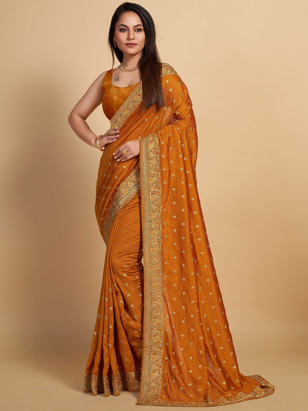 

ZIKARAA Ethnic Motifs Embroidered Silk Cotton Heavy Work Saree, Mustard
