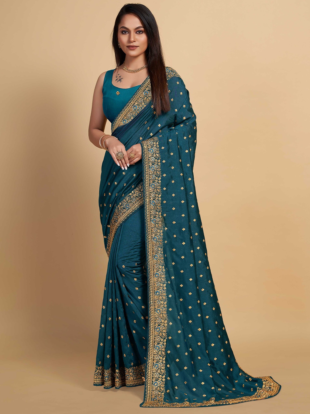 

ZIKARAA Ethnic Motifs Embroidered Silk Cotton Saree, Turquoise blue