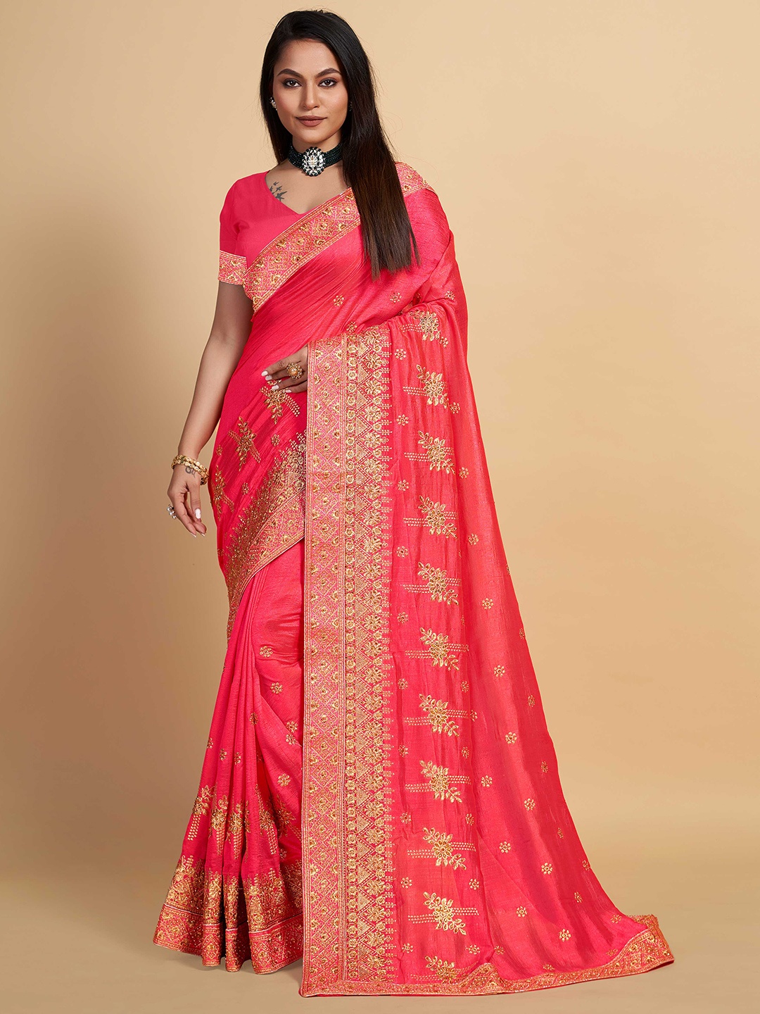 

ZIKARAA Ethnic Motifs Embroidered Silk Cotton Saree, Pink