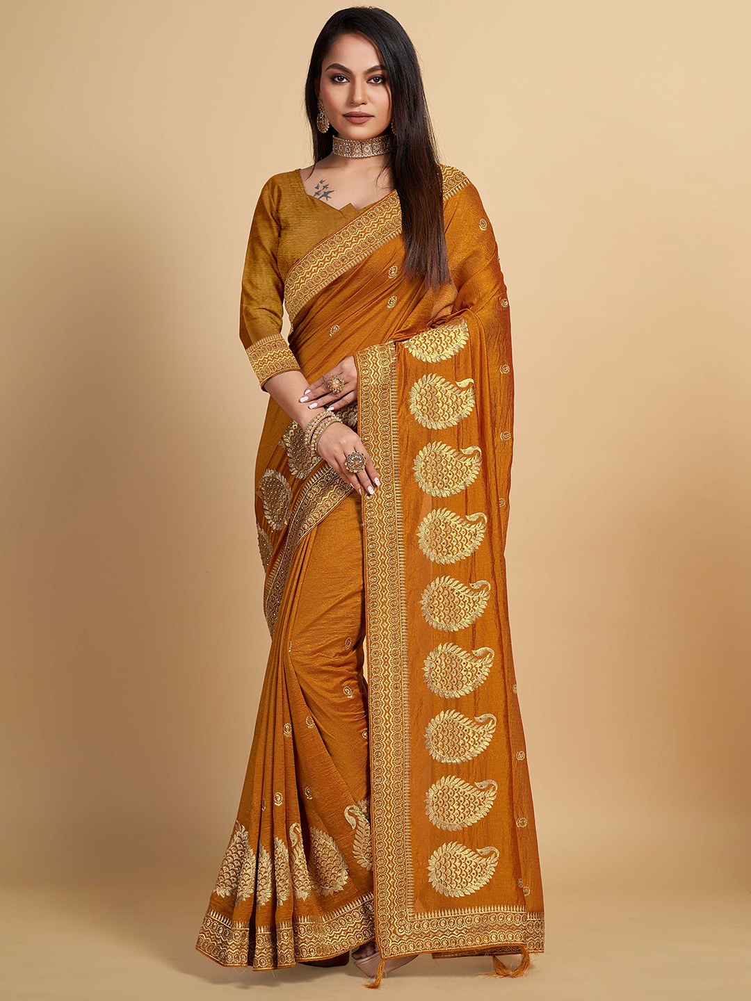 

ZIKARAA Paisley Embroidered Silk Cotton Heavy Work Saree, Mustard