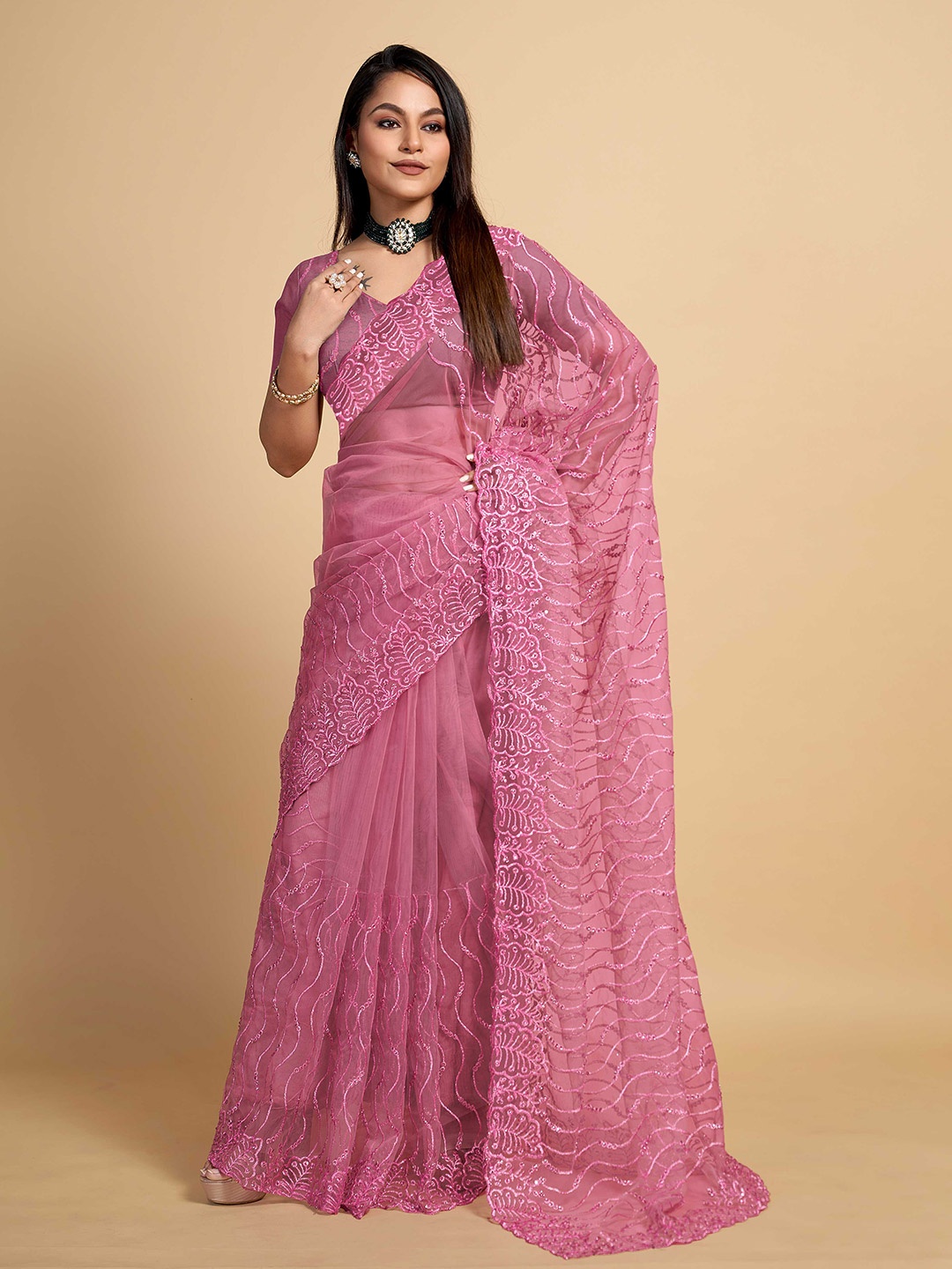 

ZIKARAA Embroidered Net Heavy Work Saree, Pink